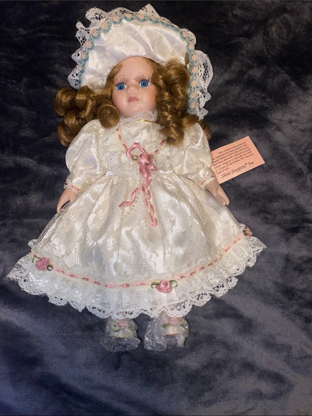 Porcelain-Style Collector Doll in White Dress with Pink Trim